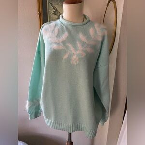 Teal angora sweater grandmacore crewneck vintage 80s pastel